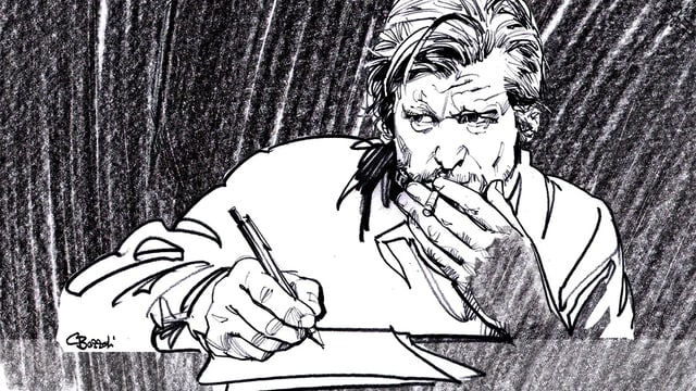 Zeichnung eines Mannes am Schreibtisch mit Papier, Stift und Zigarette. Zeichnung eines Mannes am Schreibtisch mit Papier, Stift und Zigarette.