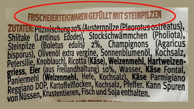 Verpackung mit Hinweis «Frischeierteigwaren gefüllt mit Steinpilzen». Verpackung mit Hinweis «Frischeierteigwaren gefüllt mit Steinpilzen».