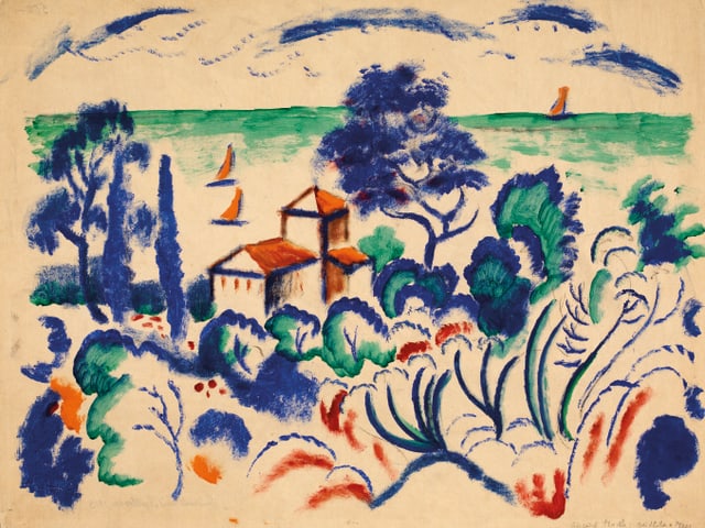 Küstenlandschaft in Blau, Grün und Orange gemalt.