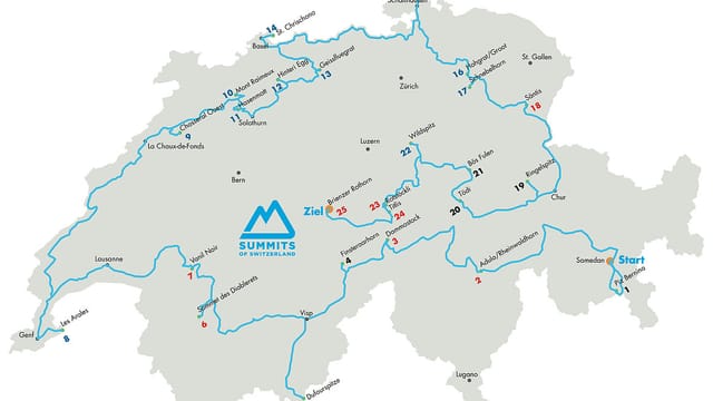 Eine Karte der Schweiz mit der Route von Sandro Mirasolo. Eine Karte der Schweiz mit der Route von Sandro Mirasolo.