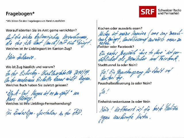 Der von Heinz Tännler ausgefüllte Fragebogen. Der von Heinz Tännler ausgefüllte Fragebogen.