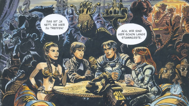 Prinzessin Leia und Luke Skywalker begegnen in einer Zeichnung Valerian und Veronique. Prinzessin Leia und Luke Skywalker begegnen in einer Zeichnung Valerian und Veronique.