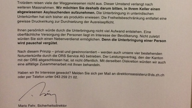 Ein Schreiben mit der - gefälschten - Unterschrift von Sicherheitsdirektor Mario Fehr. Ein Schreiben mit der - gefälschten - Unterschrift von Sicherheitsdirektor Mario Fehr.