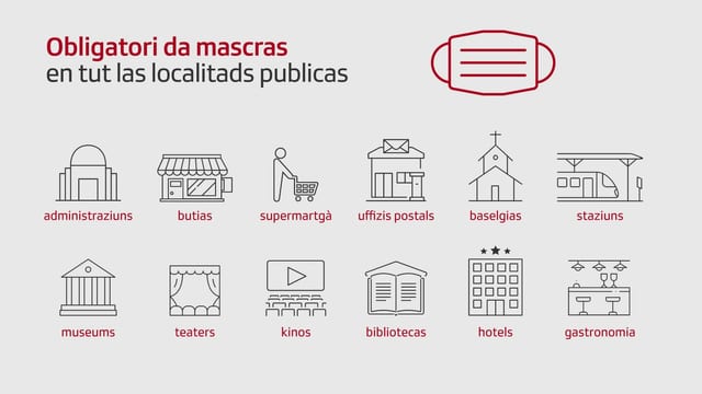visualisaziun dals lieus ch'èn obligatorics da purtar mascra: en bajetgs administrativs, butias e stizuns, centers da cumpra, uffizis postals, baselgias, staziuns (inclus perruns e sutpassadis), museums, teaters, kinos, bibliotecas, ustarias, hotels, bars e clubs. visualisaziun dals lieus ch'èn obligatorics da purtar mascra: en bajetgs administrativs, butias e stizuns, centers da cumpra, uffizis postals, baselgias, staziuns (inclus perruns e sutpassadis), museums, teaters, kinos, bibliotecas, ustarias, hotels, bars e clubs.
