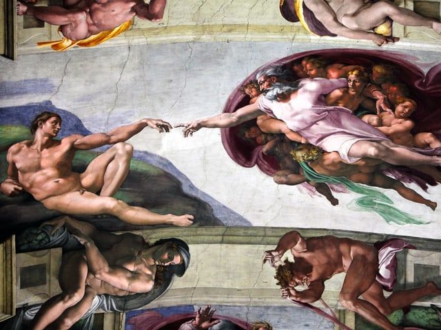 Die christliche Vorstellung von der Erschaffung der ersten Menschen im Deckenfresko von Michelangelo im Vatikan. Die christliche Vorstellung von der Erschaffung der ersten Menschen im Deckenfresko von Michelangelo im Vatikan.