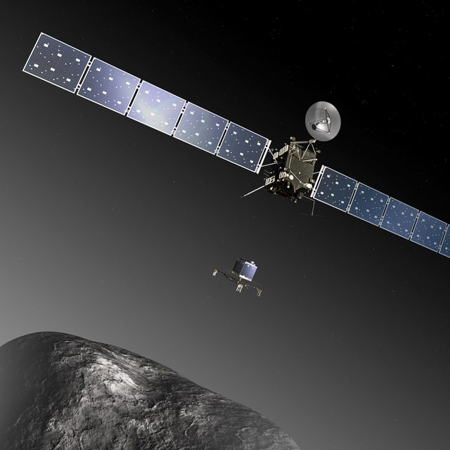 Diese grafische Darstellung zeigt Rosetta im Anflug auf den Kometen 67P/Churyumov–Gerasimenko. Diese grafische Darstellung zeigt Rosetta im Anflug auf den Kometen 67P/Churyumov–Gerasimenko.