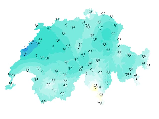 Eine Karte mit den Abweichungen in Grad Celsius. Eine Karte mit den Abweichungen in Grad Celsius.