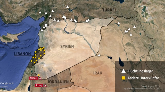 Eine Karte zeigt die verschiedenen Flüchtlingsunterkünfte in den Nachbarsstaaten Syriens. Eine Karte zeigt die verschiedenen Flüchtlingsunterkünfte in den Nachbarsstaaten Syriens.
