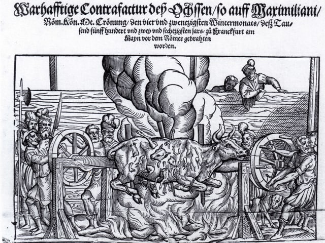 Holzschnitt eines absurd gefüllten Ochsen, der am Spiess gebraten wird. Holzschnitt eines absurd gefüllten Ochsen, der am Spiess gebraten wird.