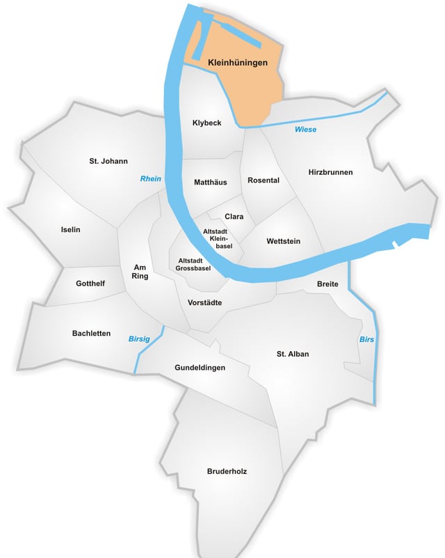 Plan der Stadt Basel, aufgeteilt in Quartiere: Der markierte Bereich zeigt ganz im Norden der Stadt Kleinhüningen. Plan der Stadt Basel, aufgeteilt in Quartiere: Der markierte Bereich zeigt ganz im Norden der Stadt Kleinhüningen.