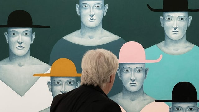 Kunstwerk, auf dem Menschen mit Hüten abgebildet sind. Kunstwerk, auf dem Menschen mit Hüten abgebildet sind.