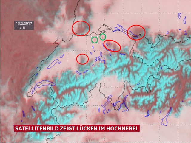 Satellitenbild von der Schweiz. Der Norden ist von Hochnebel bedeckt. Dieser zeigt aber Lücken. Satellitenbild von der Schweiz. Der Norden ist von Hochnebel bedeckt. Dieser zeigt aber Lücken.