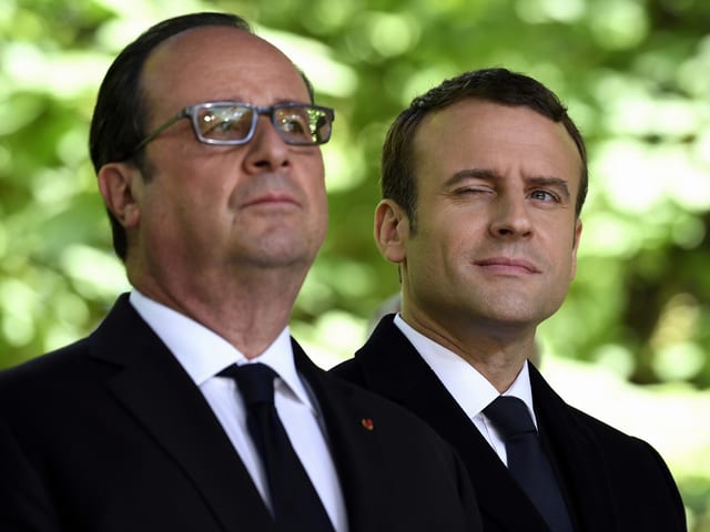 François Hollande und Emmanuel Macron im Porträt. François Hollande und Emmanuel Macron im Porträt.