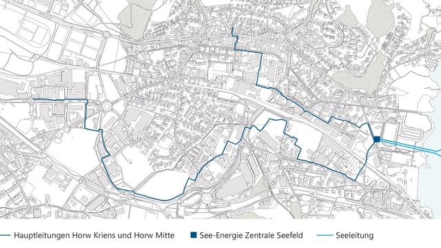 Eine Karte von Horw mit den eingezeichneten Leitungen. Eine Karte von Horw mit den eingezeichneten Leitungen.