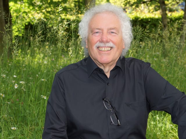 Grauhaariger Mann vor grüner Wiese. Grauhaariger Mann vor grüner Wiese.