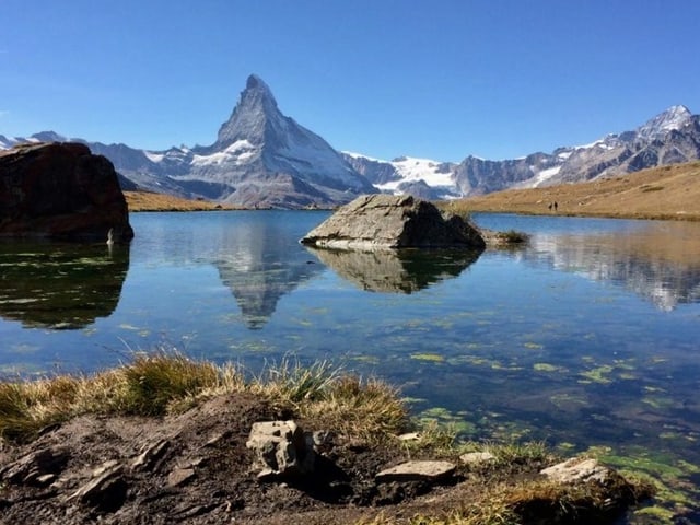 Hinter dem Stellisee erhebt sich vor einem wolkenlosen Himmel das Matterhorn.