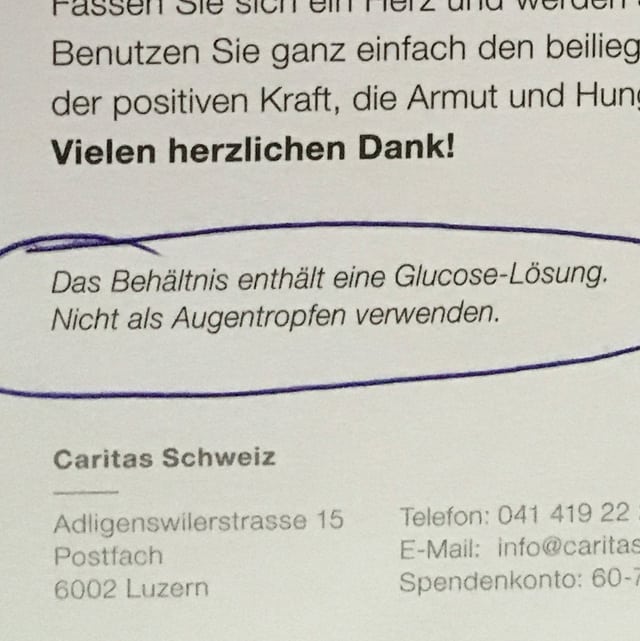 Ausschnitt aus einem Brief mit Hinweis, dass man die Tropfen nicht als Augentropfen verwenden sollte. Ausschnitt aus einem Brief mit Hinweis, dass man die Tropfen nicht als Augentropfen verwenden sollte.