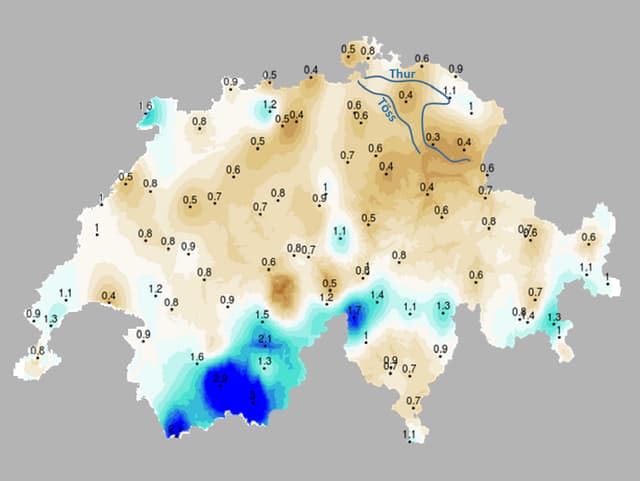 Grosse Teile der Schweiz sind braun eingefärbt, besonders die Ostschweiz. Die Südwalliser Täler hingegen sind dunkelblau eingefärbt. Grosse Teile der Schweiz sind braun eingefärbt, besonders die Ostschweiz. Die Südwalliser Täler hingegen sind dunkelblau eingefärbt.