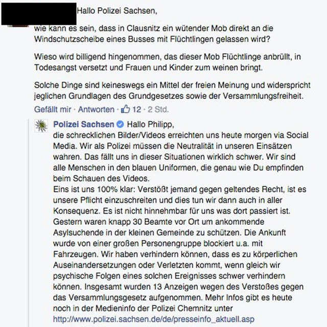 Antwortschreiben der Polizei Sachsen auf eine Anfrage auf Facebook Antwortschreiben der Polizei Sachsen auf eine Anfrage auf Facebook