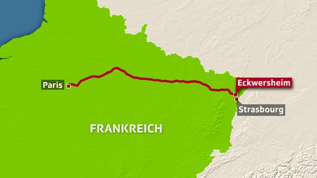 Karte: Eingezeichnet sind Paris, Strasbourg und Eckwersheim Karte: Eingezeichnet sind Paris, Strasbourg und Eckwersheim