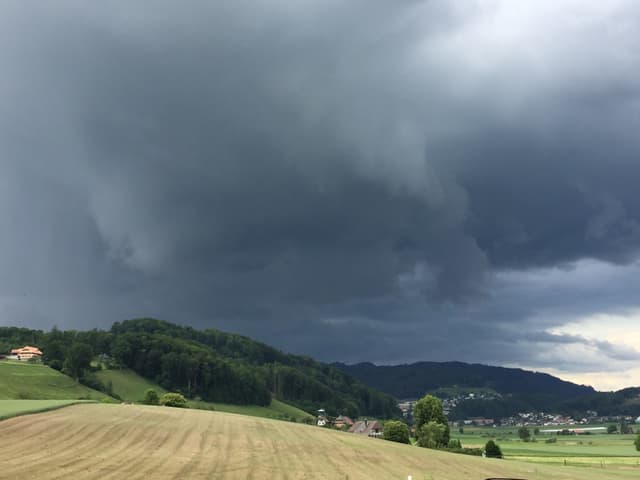 Dunkle Gewitterwolke über grünen Hügeln, im Vordergund ein Getreidefeld.