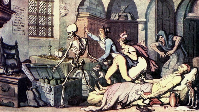Menschen verscheuchen vor dem Totenbett den Tod in Form eines Skeletts. Menschen verscheuchen vor dem Totenbett den Tod in Form eines Skeletts.