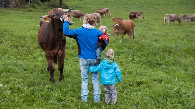 Eine Frau steht mit zwei Kindern auf einer Wiese.