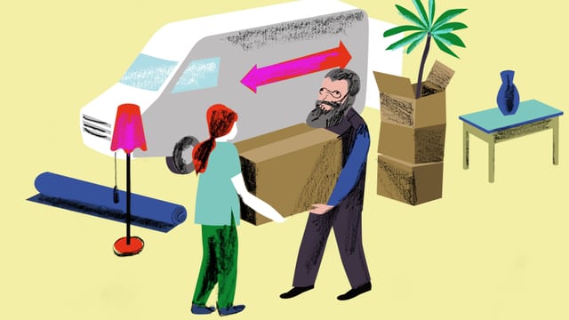 Illustration: Gottfried Keller hilft einer jungen Frau beim Kisten schleppen. Illustration: Gottfried Keller hilft einer jungen Frau beim Kisten schleppen.
