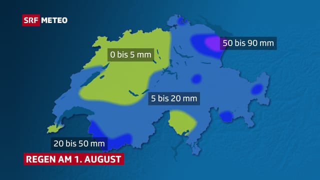 Auf einer Schweizer Karte ist flächig eingezeichnet, wo wie viel Regen fiel. Auf einer Schweizer Karte ist flächig eingezeichnet, wo wie viel Regen fiel.