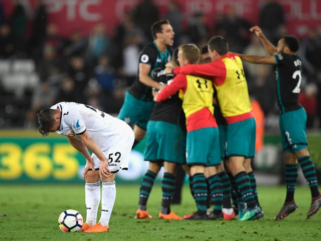 Southampton feiert den wichtigen Sieg im Abstiegskampf gegen Swansea. Southampton feiert den wichtigen Sieg im Abstiegskampf gegen Swansea.