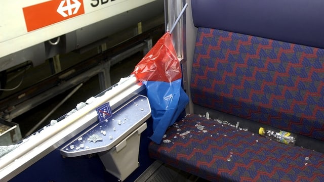 Eine eingeschlagene Scheibe, dreck auf der Sitzbank, eine blauweisse Plastikflagge. Eine eingeschlagene Scheibe, dreck auf der Sitzbank, eine blauweisse Plastikflagge.