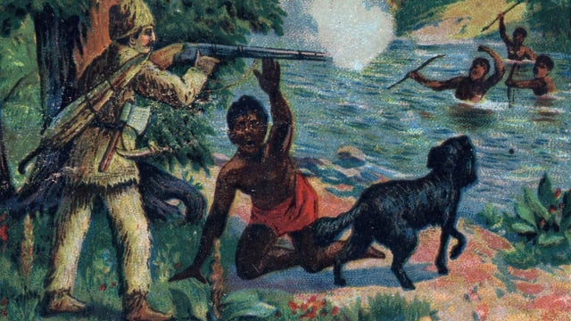 Ein farbiger Steindruck: Robinson Crusoe zielt mit einem Gewehr auf drei schwarze Männer. Ein farbiger Steindruck: Robinson Crusoe zielt mit einem Gewehr auf drei schwarze Männer.