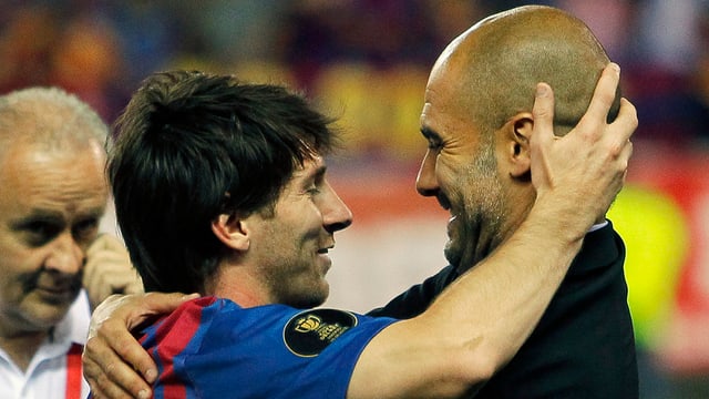 Pep Guardiola mit Lionel Messi. Pep Guardiola mit Lionel Messi.
