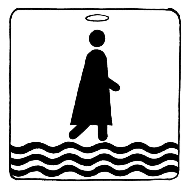 Piktogramm, auf dem Figur mit Heiligenschein über gewellte Linien (Wasser) geht. Piktogramm, auf dem Figur mit Heiligenschein über gewellte Linien (Wasser) geht.