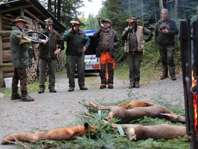 Jäger stehen im Kreis um ihre Beute: 4 Rehe liegen am Boden.