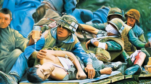 Acryl-Gemälde von Franz Gertsch, zeigt Szene aus dem Vietnamkrieg. Acryl-Gemälde von Franz Gertsch, zeigt Szene aus dem Vietnamkrieg.