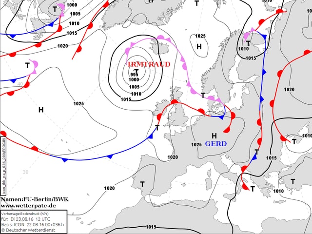 Europa-Wetterkarte mit Tiefs, Hochs und Fronten. Hoch Gerd hat sein Zentrum über Tschechien. Europa-Wetterkarte mit Tiefs, Hochs und Fronten. Hoch Gerd hat sein Zentrum über Tschechien.