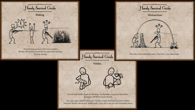 Ein Handy Survival Guide empfiehlt, sich zu verstecken, Roboter abzulenken, sich immer gleich zu verbinden und reichlich zu essen. Ein Handy Survival Guide empfiehlt, sich zu verstecken, Roboter abzulenken, sich immer gleich zu verbinden und reichlich zu essen.