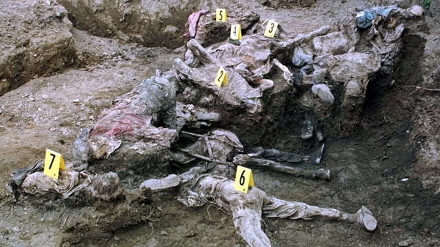 Aufnahme der 1996 ausgegrabenen sterblichen Überreste von Bosniern, die auf der Flucht von Serben ermordert wurden. Aufnahme der 1996 ausgegrabenen sterblichen Überreste von Bosniern, die auf der Flucht von Serben ermordert wurden.