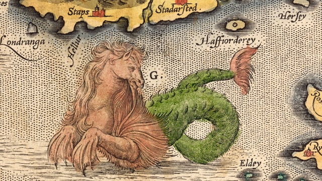 Eine Karte, auf der ein Ungeheuer mit Pferdekopf und Fischschwanz zu sehen ist. Eine Karte, auf der ein Ungeheuer mit Pferdekopf und Fischschwanz zu sehen ist.