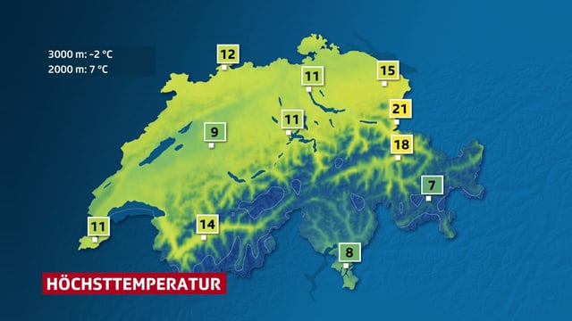 Karte der Schweiz mit Höchsttemperaturen. Karte der Schweiz mit Höchsttemperaturen.