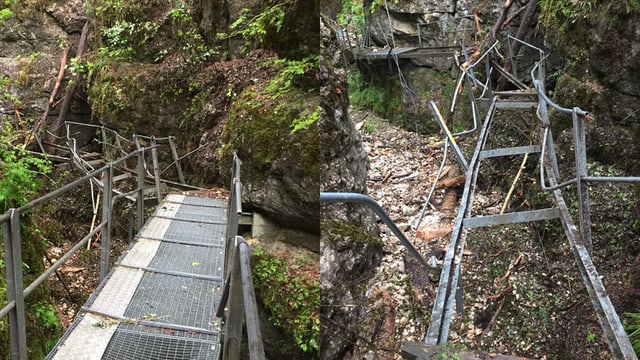 Zerstörte Metall-Stege in der Tüfelsschlucht Zerstörte Metall-Stege in der Tüfelsschlucht