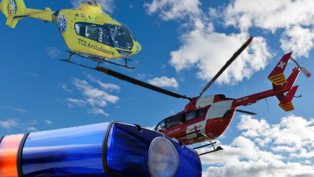 Bildmontage: Rega-Helikopter und TCS-Helikopter vor blauem Himmel, im Vordergrund ein Blaulicht eines Fahrzeuges. Bildmontage: Rega-Helikopter und TCS-Helikopter vor blauem Himmel, im Vordergrund ein Blaulicht eines Fahrzeuges.