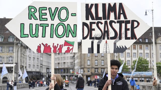 Demonstranten halten Schilder mit der Aufschrift «Revolution» und «Desaster». Demonstranten halten Schilder mit der Aufschrift «Revolution» und «Desaster».