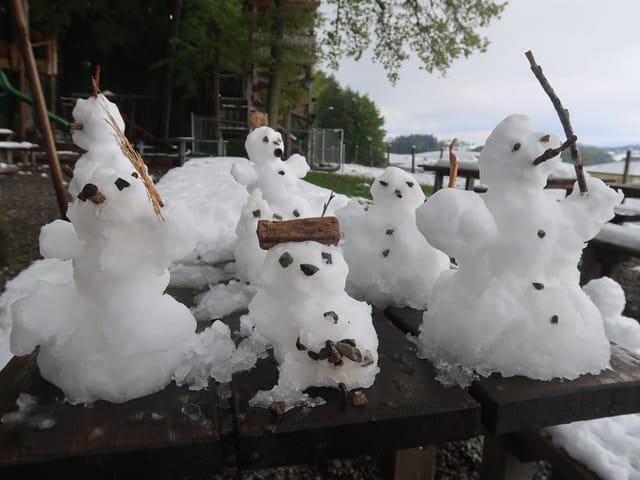 Kleine Schneemännli auf einem Holztisch Dank Wintereinbruch.