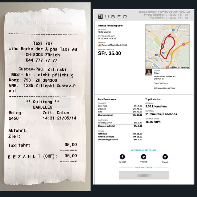 Zwei Quittungen, eine einfache vom Taxi und eine ausführliche von der Uber-Fahrt. Zwei Quittungen, eine einfache vom Taxi und eine ausführliche von der Uber-Fahrt.