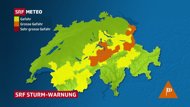 Ein Warnkarte zeigt eine Südföhnwarnung für die Alpen. Ein Warnkarte zeigt eine Südföhnwarnung für die Alpen.