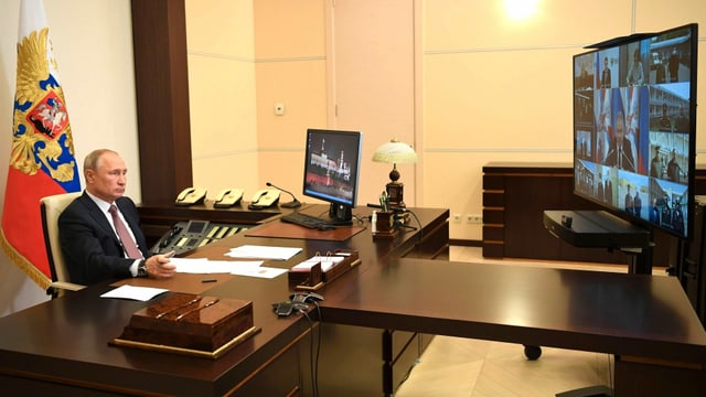 May 15, 2020, Novo-Ogaryovo, Russia: Russian President Vladimir Putin, chairs a meeting via video conference to COVID-19, coronavirus hospitals built by the Defense Ministry from the Novo-Ogaryovo state residence May 15, 2020 outside Moscow, Russia. Novo-Ogaryovo Russia - ZUMAp138 20200515_zaa_p138_002 May 15, 2020, Novo-Ogaryovo, Russia: Russian President Vladimir Putin, chairs a meeting via video conference to COVID-19, coronavirus hospitals built by the Defense Ministry from the Novo-Ogaryovo state residence May 15, 2020 outside Moscow, Russia. Novo-Ogaryovo Russia - ZUMAp138 20200515_zaa_p138_002