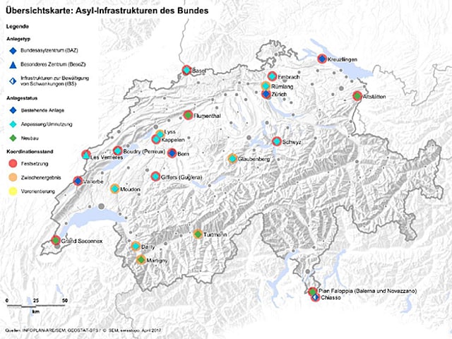 Karte der Schweiz mit den Asyl-Infrastrukturen. Karte der Schweiz mit den Asyl-Infrastrukturen.