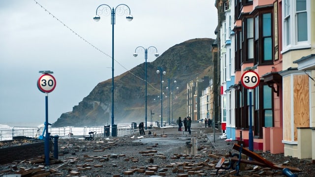 Das überschwemmte walisische Aberystwyth. Das überschwemmte walisische Aberystwyth.